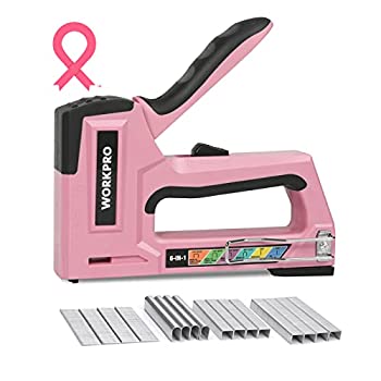 【中古】【輸入品・未使用】WORKPRO (ワークプロ) ピンク ステープルガン 6イン1 手動 ブラッドネイラー 4000ピースステープル付き 固定材 大工 家具 DIY用 ピンクリボン