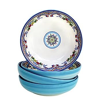 【中古】【輸入品・未使用】Euro Ceramica Zanzibar Collection パスタボウル 4個セット スペインの花柄デザイン マルチカラー ブルー|スカイマーケットプラス