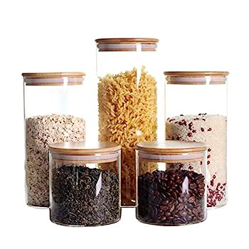 【中古】【輸入品・未使用】積み重ね可能キッチンキャニスターセット 5個パック クリアガラス 食品保存ジャー 容器 気密竹製蓋付き キャンディ クッキー ライス 砂糖 小麦粉