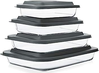 【中古】【輸入品・未使用】ガラス製の深いベーキング皿8点セット BPA不使用のプラスチック製蓋つき 長方形のベーキング皿セット グレー 調理/ラザニア/残り物の保管に 冷凍