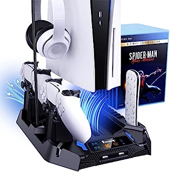 【中古】【輸入品・未使用】Beanzcap PS5 縦置きスタンド 3段階冷却 クールなLEDライトコントローラーモーとションコントローラー充電 USBハブ&ヘッドセット収納 ブラック