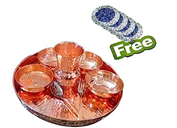 【中古】【輸入品・未使用】AsiaCraft インド食器 純銅製 伝統的なディナーセット タリプレート ボウル ガラス スプーン 直径13インチ 企業へのディワリギフト