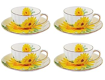 【中古】【インポート品・未当て嵌める】123Arts 飛び切りボーンチャイナ ひまわり ビンテージ 瀬戸もの コーヒーマグ お茶優勝杯 平円盤付き添い人 6.3 x 6.3 x 3.5 inches 黄色