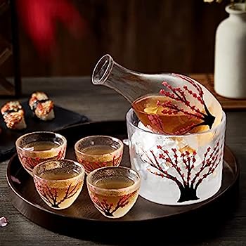 【中古】【輸入品・未使用】DUJUST 日本酒6点セット 4人用 ハンドクラフトガラス 桜デザイン ピンク 酒カラフェボトル1本 酒タンク1個 酒器1個 佐木カップ4個 冷温/温酒 誕