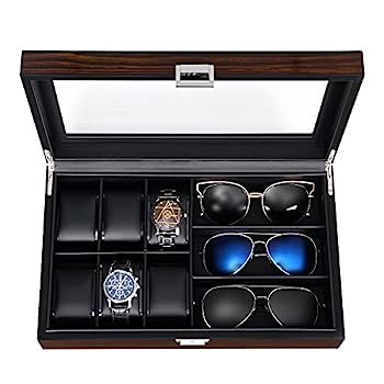 【中古】【インポート品・未当て嵌める】BEWISHOME ウォッチボックス席 サングラスオーガナイザー 本物の硝子いの一番付き添い人 6つの時辰儀入れもの 3つの拡張スロット 黒眼鏡ボックス席 メンズ 木目細か