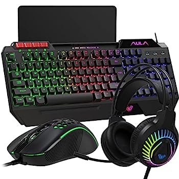 【中古】【輸入品・未使用】AULA ゲーミングキーボードマウスヘッドセットとマウスパッドコンボ レインボーLEDバックライトゲームキーボードマウスセット USB有線バンドル P|スカイマーケットプラス