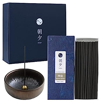 【中古】【輸入品・未使用】Asayu JAPAN 低煙 線香 ギフトセット お香立てと真鍮スタンド付き 和禅ガーデンブレンド線香 禅セラミック香立て付き