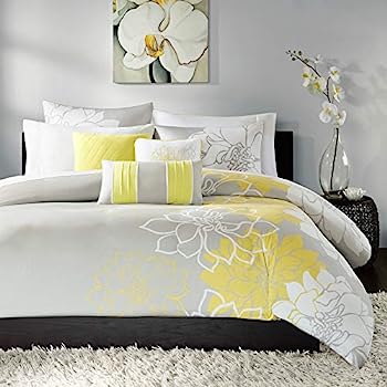 【中古】【輸入品・未使用】(King/California King, Grey/Yellow) - Madison Park Lola 6 Piece Printed Duvet Cover Set, King/ Cal King, Yellow