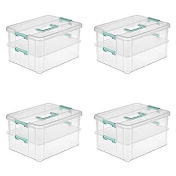 【中古】【インポート品・未当て嵌める】Sterilite 14228604 Stack \u0026 Carry 2 Layer Handle Box, Clear with Blue Aquarium Handle and Latches, 4-Pack by STERILITE