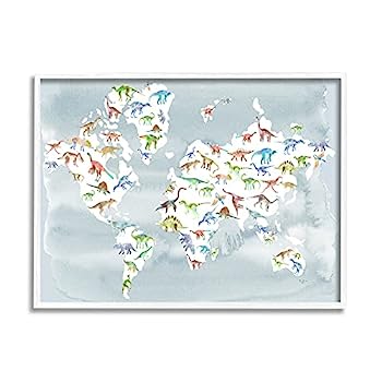 【中古】【輸入品・未使用】Stupell Industries 水彩世界地図 恐竜爬虫類パターン、Ziwei Li ホワイトフレームウォールアート 30 x 24 グレー|スカイマーケットプラス