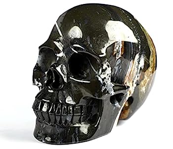 【中古】【輸入品・未使用】Skullis 12.7cm ブラック ゼブラ メノウ クリスタル スカル 手彫り ジェムストーン ファインアート 彫刻、レイキ ヒーリング ストーン 像 1923