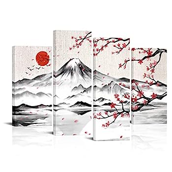 【中古】【輸入品・未使用】LyerArtork 4パネル 日本水墨画 ウォールアート 月と富士山の絵 壁装飾 桜 キャンバスプリント 日本の伝統的なアートワーク リビングルーム 寝室