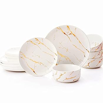 【中古】【インポート品・未当てはめる】POKINI ゴールドスプラッシュディナー食器書き割り 4人用 今めかしい瀬戸もの 12点 大理石お皿とどんぶり鉢書き割り 白いこと