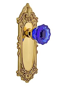 【中古】【インポート品・未当て嵌める】Nostalgic Warehouse 721277 ビクトリア朝プレートパッセージクリスタルコバルトガラスドアノブ 光輝金管楽器製 2.375