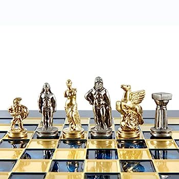 【中古】【輸入品・未使用】Manopoulos Spartan Warriors チェスセット 真鍮&ニッケル ブルーチェスボード