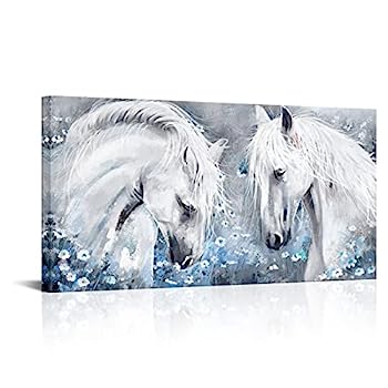 【中古】【輸入品・未使用】sechars 白馬 ウォールアート 絵画 ロマンチックな動物 ネイビーフラワー 絵プリント キャンバス モダー ブルーとグレーのアートワーク ホーム
