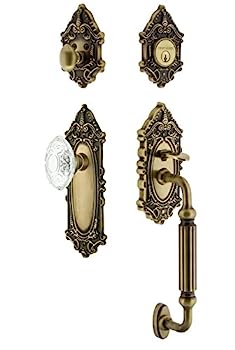 【中古】【インポート品・未当て嵌める】Nostalgic Warehouse 756033 Plate F Grip Entry Set Crystal Victorian Knob, 2.75\" Backset, Antique Brass"