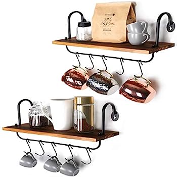 【中古】【輸入品・未使用】Olakee フローティング壁棚 キッチン バスルーム コーヒーヌーク 10個の調節可能なフック付き マグカップ 料理用品 タオル 素朴な収納棚 2/17 x｜スカイマーケットプラス