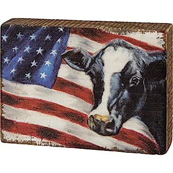 【中古】【輸入品・未使用】PBK 愛国心 ダイイ カウ&アメリカ国旗 装飾 木製ブロックサイン 10.16cm x 7.12cm