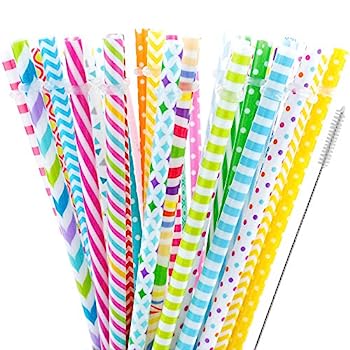 【中古】【輸入品・未使用】40 Pieces Reusable Straws,BPA-Free,23cm Colourful Hard Platic Stripe Drinking Straw for Mason Jar Tumbler,Family or Party Use,Cleaning