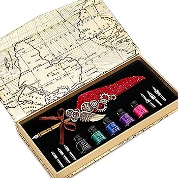 【中古】【インポート品・未当てはめる】羽ペンインクセット フェザーペンインクセット インキ瓶6本と取り替えっこ能力のあるなステンレススチールペン先6本付き添い人 表意文字書きもの 文字記号書き 書室 書き判誘い出す