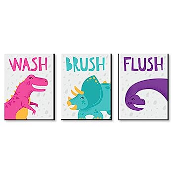【中古】【輸入品・未使用】Roar Dinosaur Girl ? キッズバスルームルール ウォールアート ? 7.5インチ x 10インチ ? 3つのサインセット ? ウォッシュ、ブラシ、フラッ