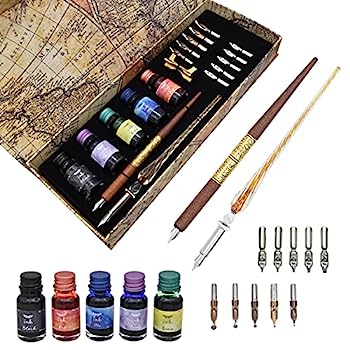 【中古】【インポート品・未当てはめる】SIPLIV カリグラフィーディップペンセット ガラスディップペン 手作り木製ディップペンギフトセット 書きもの先10類概念付き添い人 5色インキと書きもの保持者