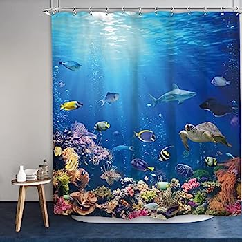 【中古】【輸入品・未使用】Imirell 海のトロピカルフィッシュシャワーカーテン 海の動物 幅60インチ×高さ72インチ 水中 野生動物 ブルー 海洋 珊瑚 カメ 防水 ポリエステ