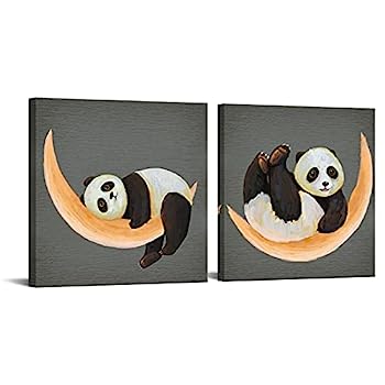 【中古】【輸入品・未使用】DuoBaorom 2ピース 動物キャンバスウォールアート 月と遊ぶ楽しいパンダ 絵画キャンバス 子供部屋 ベッドルーム装飾 枠張り済み すぐに掛けられ|スカイマーケットプラス