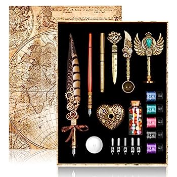 【中古】【インポート品・未当てはめる】NC Quill ペンインクセット フェザーペンインクセット 羽ペンインクセット 羽ペンペン付き添い人 木製書きもの 取り替えっこ能力のあるな書きもの先5本 インキ押捺 刀圭