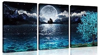 【中古】【インポート品・未当て嵌める】Moon Wall Art ? ティールオーシャンモダンかざり付ける壁かざり付ける リビングお座敷用 ? 臥し所用壁工芸 帆布 ひな形大きさ 12x16in x3天下太平