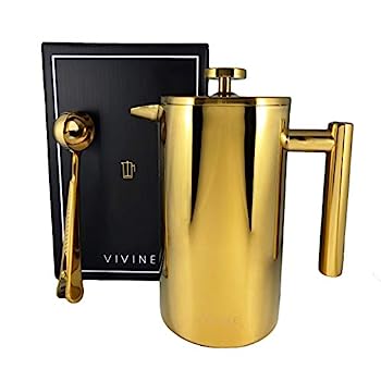 【中古】【輸入品・未使用】Vivine フレンチプレス ステンレススチール 二重壁 断熱 大型 1L/4カップ コーヒー 豪華 ゴールドミラー仕上げ コーヒーグラウンド スクープ 大