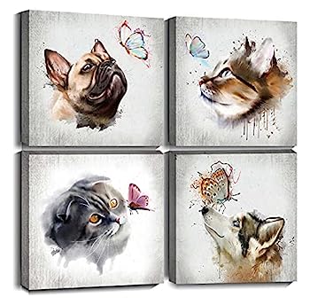 【中古】【輸入品・未使用】Byllyaz 動物キャンバスウォールアート グレーフレーム絵画 寝室の装飾用 抽象画 水彩画 かわいい猫 犬 蝶のプリント絵 子供 男の子 部屋用 4ピ