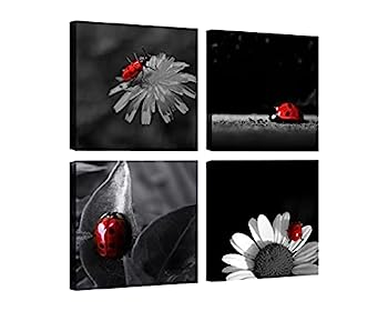 【中古】【輸入品・未使用】白黒ウォールアート 昆虫 壁装飾 花に乗ったてんとう虫 キャンバスの写真 ホームオフィス装飾 リビングルーム ベッドルーム キッチン装飾 4枚 フ