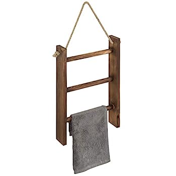 【中古】【輸入品・未使用】MyGift 素朴なダークブラウンウッド 壁掛け 3段 ハンドタオルラダーラック バスルームタオル収納ラック トップロープ付き