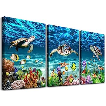 【中古】【インポート品・未当て嵌める】キャンバスウォールアート リビングお座敷 身寄り 臥し所 二階建てバスお座敷 壁かざり付ける ブルーオーシャンウミガメ 帆布工芸 今めかしい 鮫 図面 工芸ワ