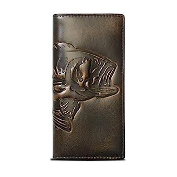 【中古】【輸入品・未使用】HoJ Co. BASS FISH メンズ 長財布 | フルグレインレザー 手磨き仕上げ | ロング二つ折り財布 | ロデオ財布 | バスフィッシャーマンギフト, ブラ