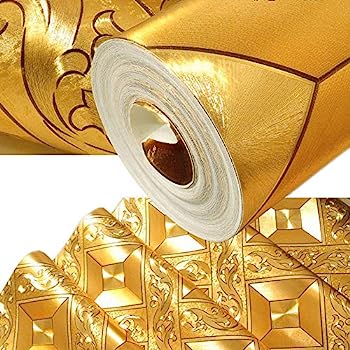 【中古】【インポート品・未当て嵌める】QIHANG 金箔モザイックまっ四角透かし彫り周囲の状況フリッカー壁紙 金箔壁紙 モダンロール/泊まりの上昇限度/かざり付ける壁紙一巻き ゴールド黄色色合い 幅1.73in x