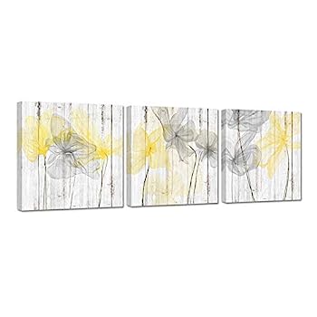【中古】【輸入品・未使用】Zlove 3ピース バスルーム 絵 壁装飾 イエロー グレー 浴室 花 素朴な木の背景 枠張り済み シャワールーム、ベッドルーム、リビングルームに す｜スカイマーケットプラス