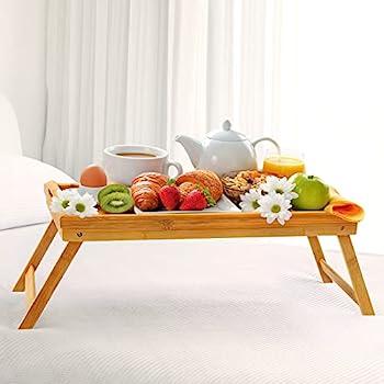 【中古】【輸入品・未使用】ベッドトレイ テーブル 朝食トレイ サービングトレイ 竹製 ベッドラップタップ フロディングレッグハンドル 携帯電話ホルダー付き
