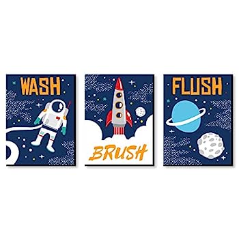 【中古】【輸入品・未使用】Big Dot of Happiness Blast Off to Outer Space - 子供用バスルームルールウォールアート - 7.5 x 10インチ - 3つのサインセット - 洗面 ブラシ