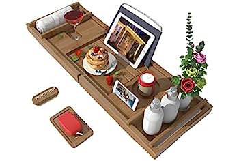 【中古】【輸入品・未使用】バスタブ用バスキャディトレイ - 竹製の調節可能なオーガナイザートレイ バスルーム用ソープディッシュ付き 高級スパや読書に最適 (クルミ)