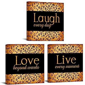 【中古】【輸入品・未使用】Ouelegent 3ピース ゴールデン&ブラック キャンバス ウォールアート Love Laugh Live サイン 絵画 ヒョウ柄 プリント 寝室 リビングルーム ファ