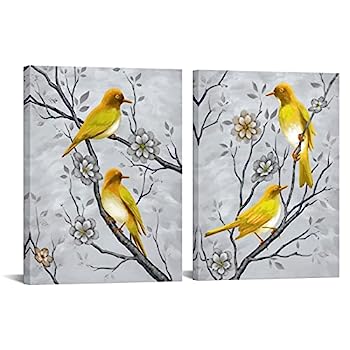 【中古】【輸入品・未使用】RyounoArt 鳥のキャンバス壁アート2点セット イエローとグレーの絵画写真 キッチン リビングルーム バスルーム 装飾 ジークレープリント アート|スカイマーケットプラス