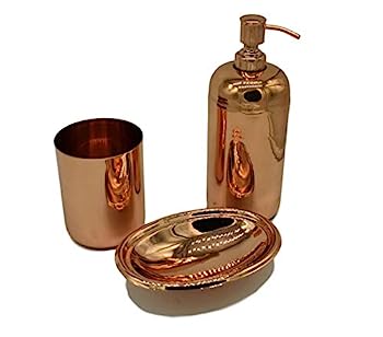 【中古】【輸入品・未使用】Kauri 銅 バスルームアクセサリー3点セット | ソープディッシュ コットンボール Qチップホルダー ソープディスペンサー 銅製｜スカイマーケットプラス