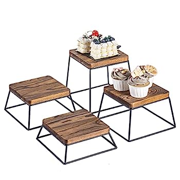 【中古】【輸入品・未使用】MyGift バーントウッド&ブラックメタルワイヤースクエア小売食品ディスプレイライザー/ピザスタンド 4個セット｜スカイマーケットプラス