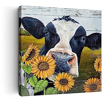 【中古】【輸入品・未使用】素朴な壁アート 寝室用 ひまわり 牛の絵画 キャンバスプリント 農場の写真 農家 アートワーク バスルーム 壁装飾 オフィス リビングルーム ホー|スカイマーケットプラス