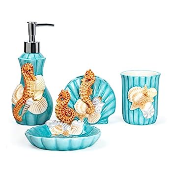 【中古】【輸入品・未使用】FORLONG セラミックバスルームアクセサリーセット 4ピース 3D フローティングタツノオトシゴ貝殻バスルームアンサンブルセット 歯ブラシホルダー
