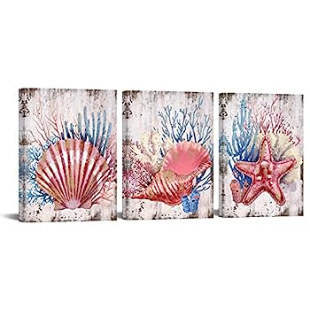 【中古】【輸入品・未使用】Nachic Wall 3ピース ピンクキャンバス ウォールアート 貝殻 ヒトデ ブルーコーラルペインティング 写真 壁装飾 モダン 海 ポスター キャンバス