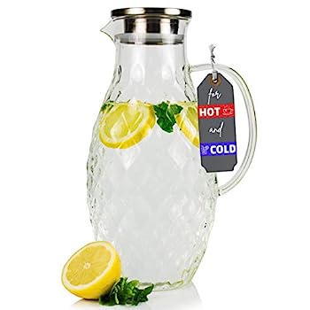 【中古】【インポート品・未当て嵌める】Large Glass Pitcher with Lid and Spout - 100 Ounces Big Cold and Hot Water Carafe with Unique Thick Glass Diamond Pattern, Beverage and